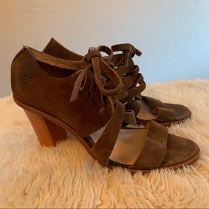 Frye Sofia lace up heels, brown suede